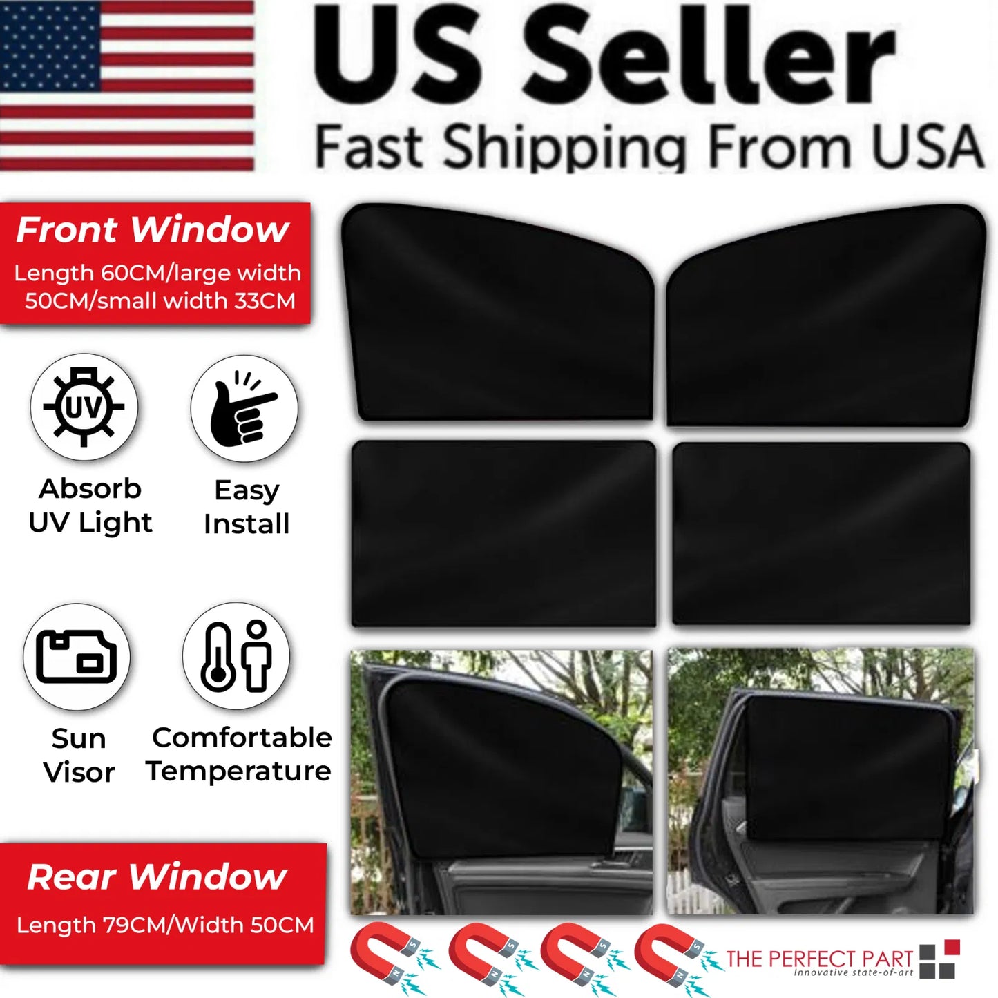 4-Pack Magnetic Car Window Sun Shades - UV Block, Privacy, Universal