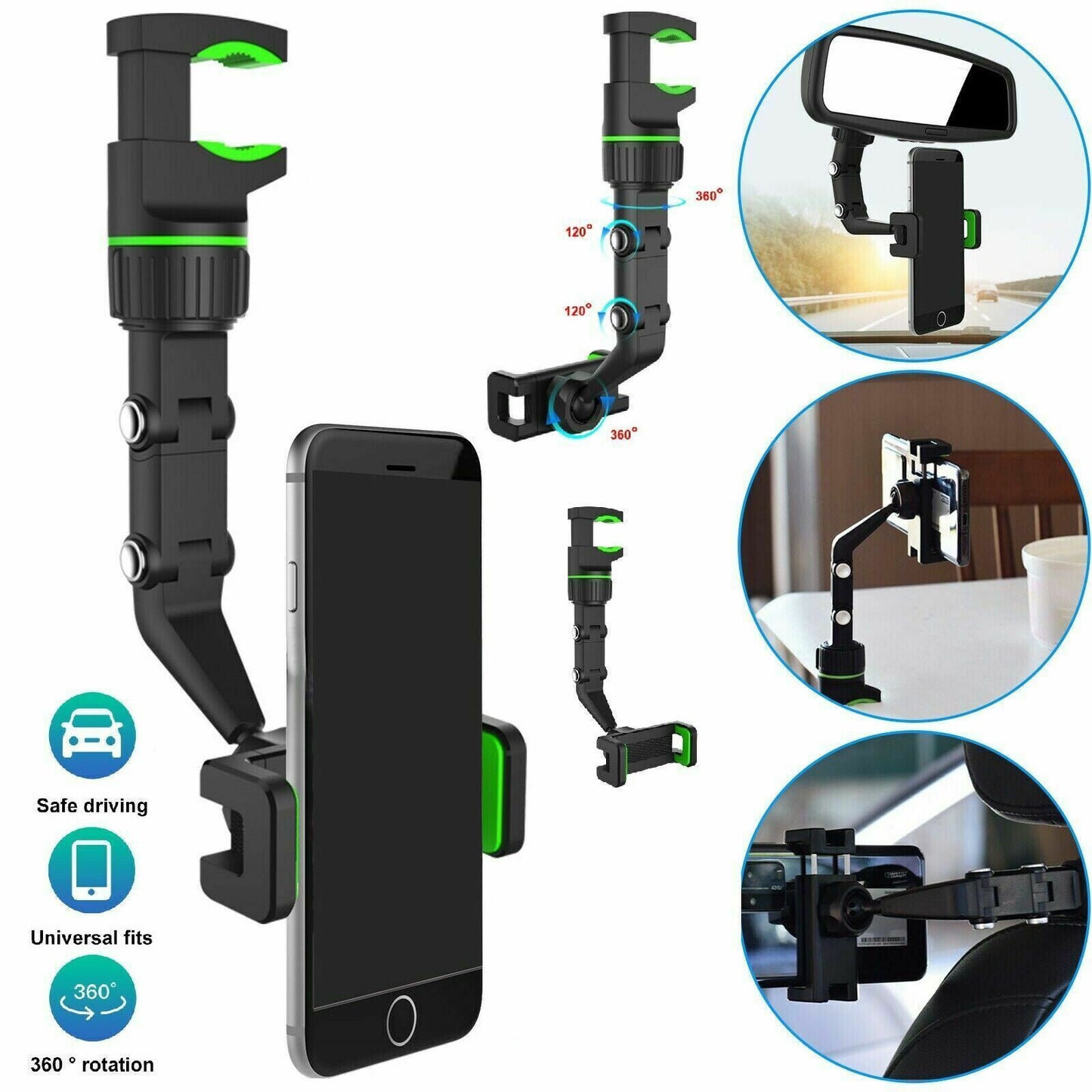Universal Rearview Mirror Phone Mount - 360 Rotation, One-Hand Operation