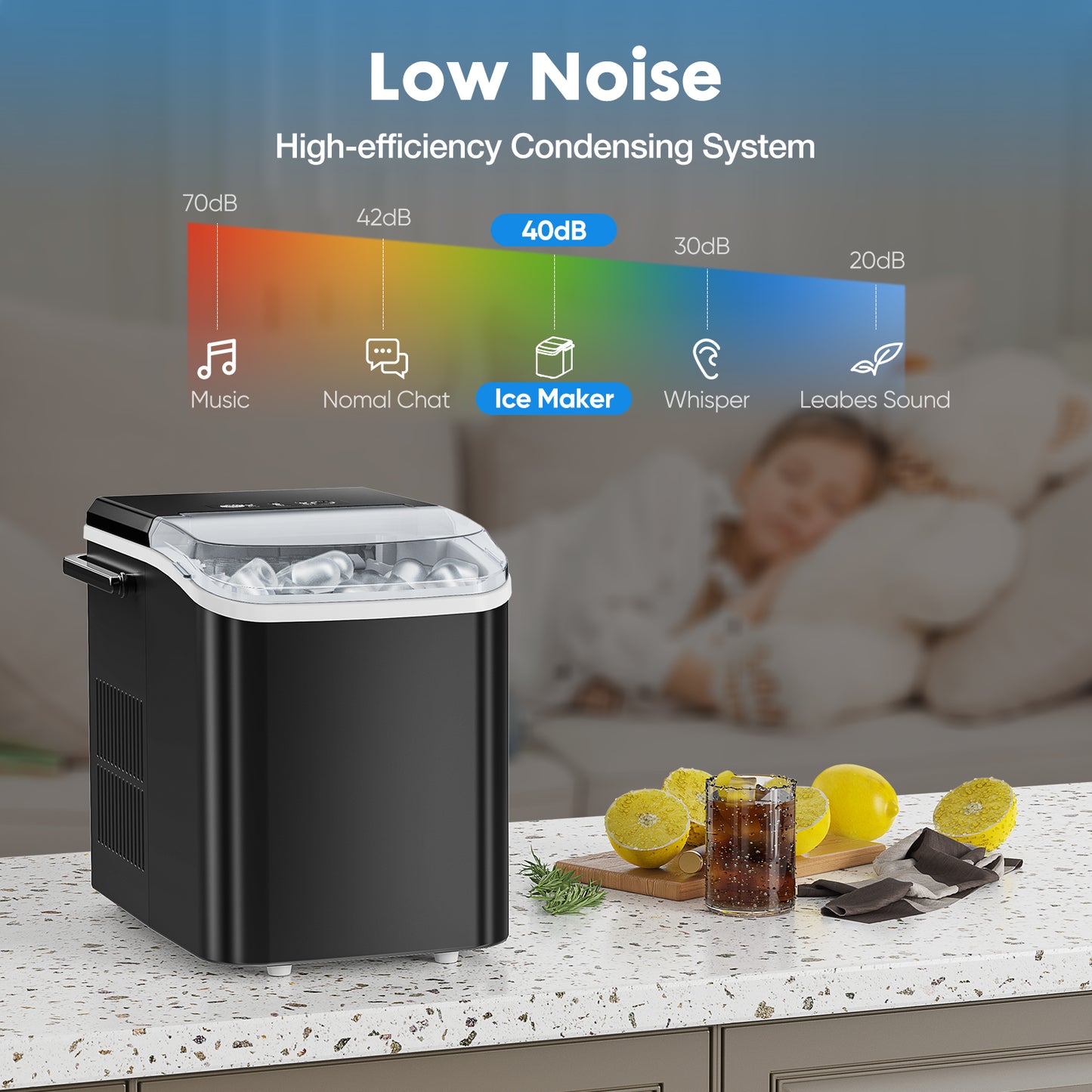 Portable Ice Maker Countertop Self Cleaning Dual Size Ice Bullet Quiet 40dB