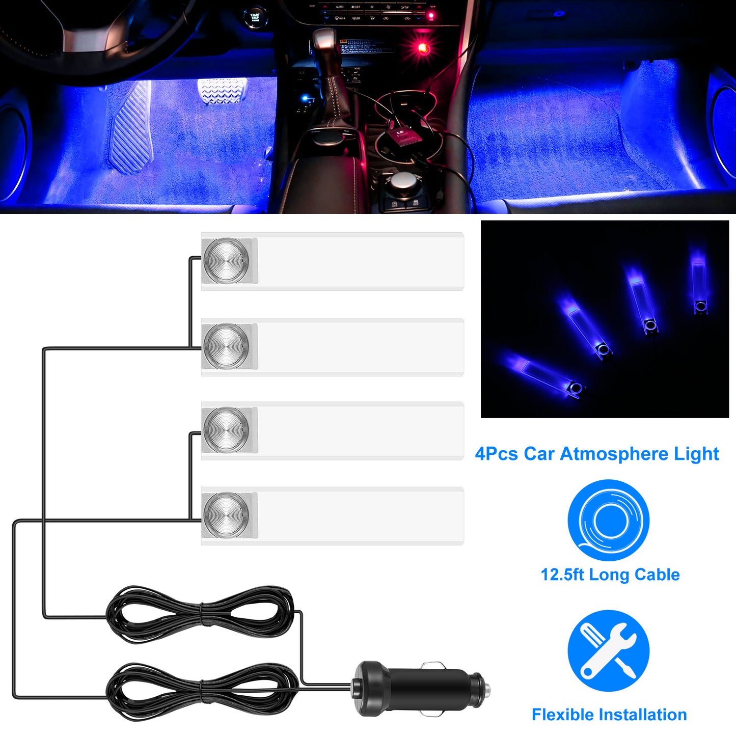 4-Piece Car Interior LED Atmosphere Lights - USB Powered, Multi-Color