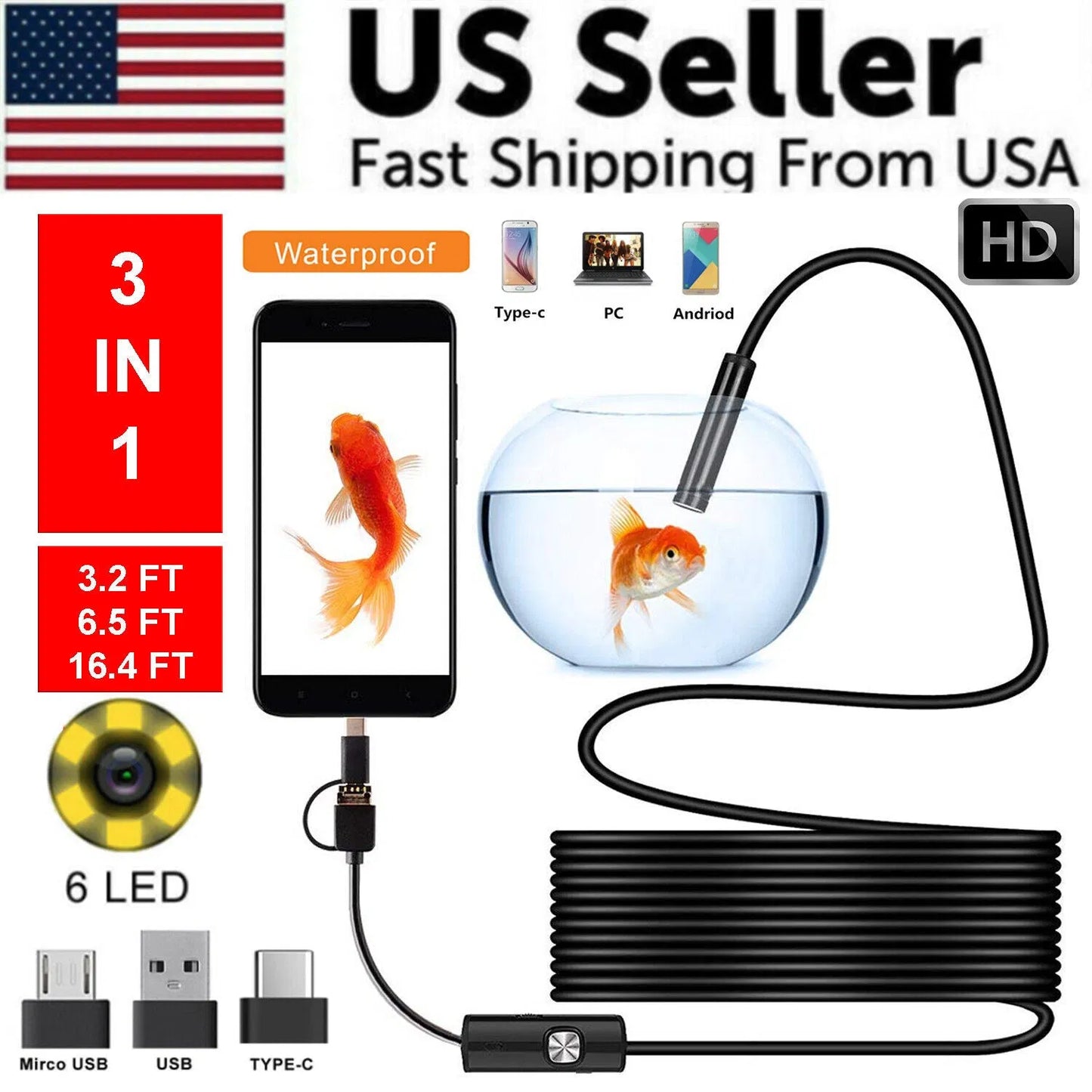 USB Endoscope Borescope Inspection Camera - 5M Cable, 8mm Waterproof