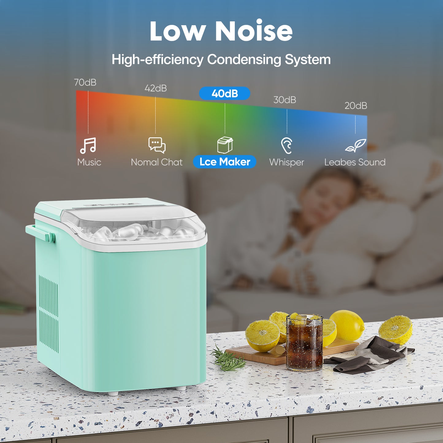 Portable Ice Maker Countertop Self Cleaning Dual Size Ice Bullet Quiet 40dB